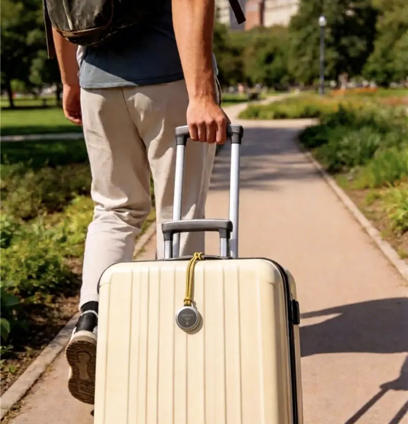 Person towing suitcase in park with an iFindX smart tag attached to the handle for luggage tracking.