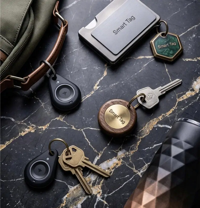 Gallery of iFindX smart trackers in various form factors (card, coin, keyring) showcasing custom branding for B2B wholesale.