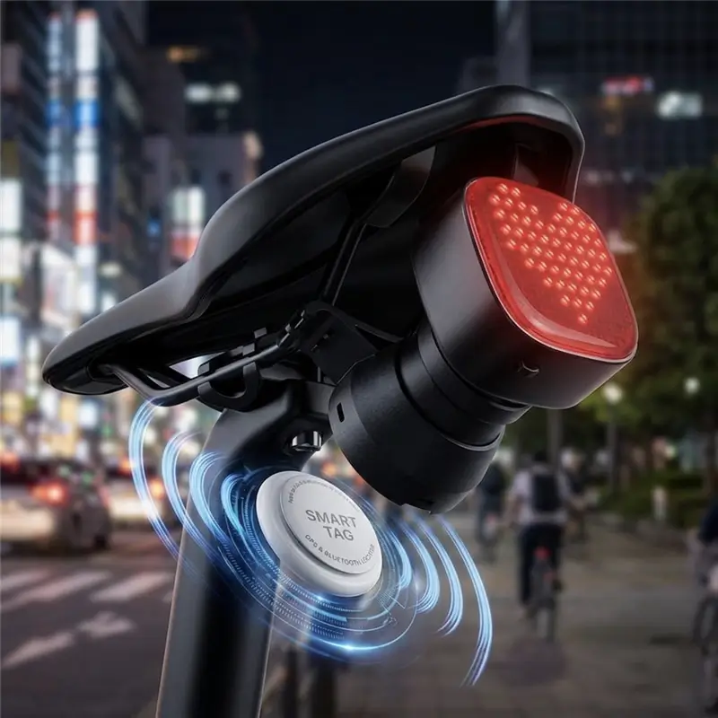 iFindX coin tracker securely mounted on a bicycle post under a smart tail light for bike antitheft.