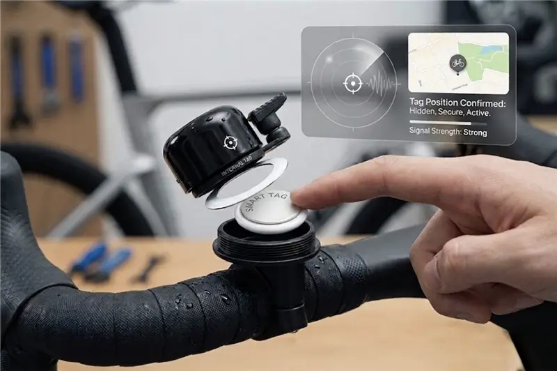 Cutaway view showing an iFindX bluetooth tracker hidden inside a bespoke bicycle handlebar bell mount.