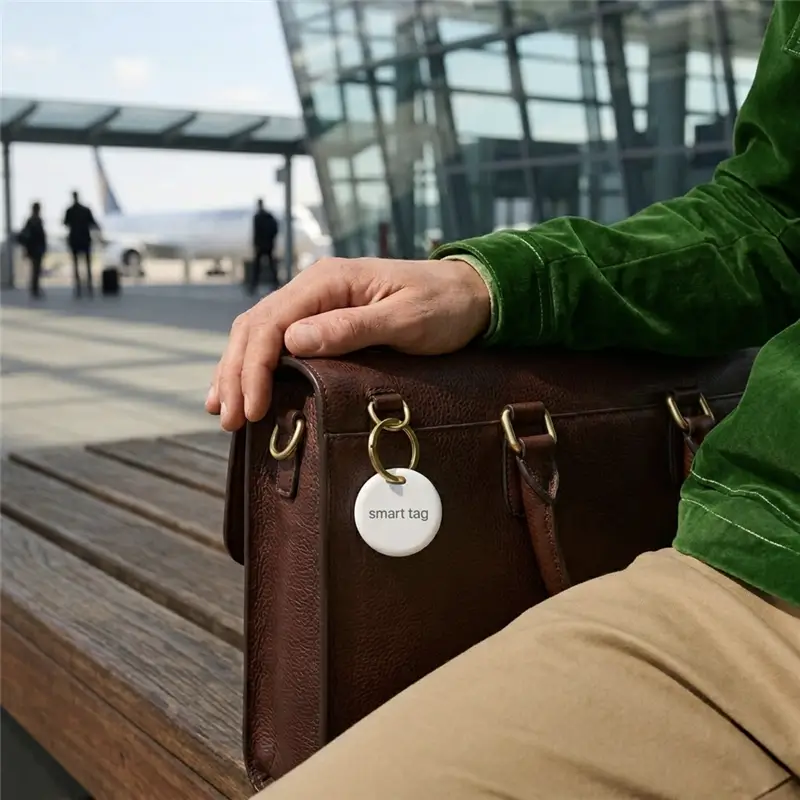 A business professional's leather briefcase with an iFindX item finder, officially certified by Apple and Google.