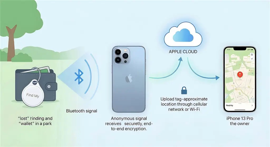 how apple find my network crowdsourcing works diagram | Apple & Google Certified Smart Tags | iFindX